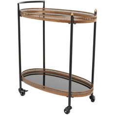 a round metal and wood serving cart with wheels