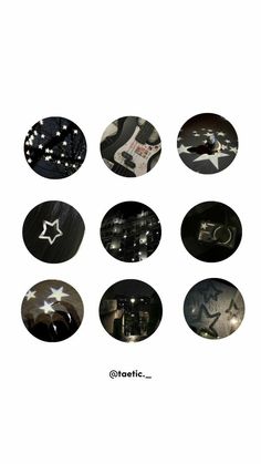 several circular pictures with stars on them in black, white and grey colors are shown