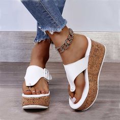 Women Summer Flip Flops Shoes Female Wedge Platform Sandal 2021 Ladies 7.5cm Thick Bottom Casual White Platform Sandals For Vacation, White Flat Heels For Beach, White Toe Post Summer Sandals, White Toe Post Wedge Sandals For Beach, White Platform Wedge Sandals With Round Toe, White Toe Post Wedge Sandals For Summer, White Platform Wedge Sandals, White Toe Post Heels For Vacation, White Open Toe Summer Wedge Sandals