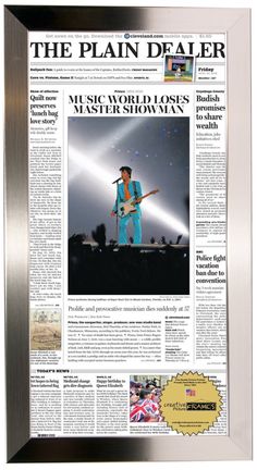 the front page of a news paper with an image of a man in blue clothes on stage