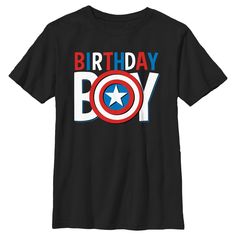 Celebrate your special day by losing yourself in the pages of a comic book or the movie adventure of a lifetime with your favorite Marvel superheroes and an officially licensed Marvel Birthday Boy Captain America Logo Boys' Graphic T-Shirt! This tee features the text: "Birthday Boy" with Captain America's iconic shield replacing the letter "O" across the front. It's time to get marvel-ous with some awesome new Marvel apparel for that special birthday celebration! Avengers Birthday Shirt 5, Superhero Style Short Sleeve T-shirt For Birthday, Avengers Birthday Shirt Boys, Superhero Short Sleeve T-shirt For Birthday, Superhero Character Print T-shirt For Birthday, Captain America Logo, Captain America Birthday, Marvel Clothes, Captain America Shield