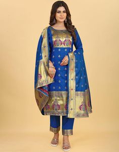 Indulge in royal elegance with our Royal Blue Paithani Silk Pant Suit, a perfect fusion of luxury and sophistication. 👑✨ Experience the grandeur of Paithani silk in a stunning royal blue shade. #ArabicAttire #PaithaniSilk #RoyalBlueElegance Silk Salwar Suit, Kids Kaftan, Silk Pant Suit, Casual Abaya, Blue Dupatta, Modest Evening Dress, Kameez Designs, Silk Pant, Silk Bottoms