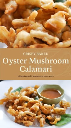 crispy baked oyster mushroom calamari on a plate with dipping sauce in the middle