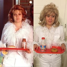 two women dressed in costumes holding trays with donuts on them and an image of the same woman