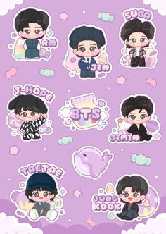 some stickers that are on top of a purple background with white clouds and pink hearts