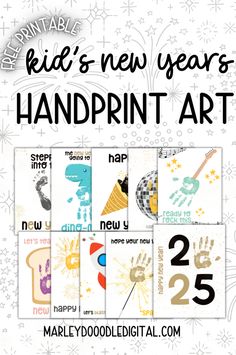 the happy new year's handprint art is featured in this postcard set