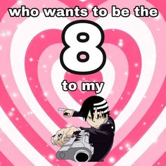 an anime character holding a camera in front of a pink heart with the number eight on it