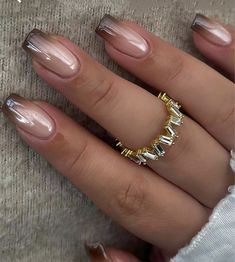 Brown Nails No Design, Brown And Nude Nails, French Nails Color, Brown French Nails, Brown French Tip, Shiny Nails Designs, Brown French, Unghie Sfumate