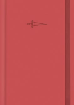 a red notebook with a pen sticking out of the cover and an arrow drawn on it