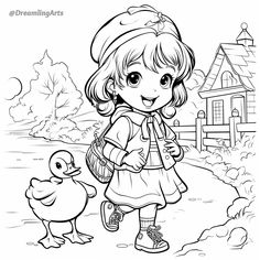 Coloring page of cute girl and pet duckling Chi Bi, Bobbie Goods, Children Crafts, Cute Ducklings, Cartoon Coloring, Kids Doodles, Female Inspiration, Childrens Drawings