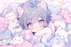 an anime character laying in bed with many stuffed animals around her and looking at the camera