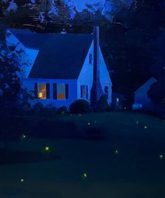 a painting of a house at night with glowing lights on the lawn and trees around it