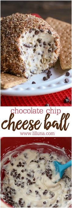 chocolate chip cheese ball in a red bowl with a blue spoon