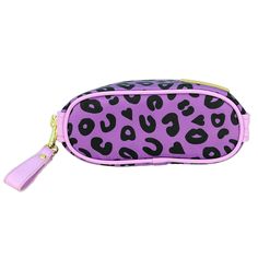 With bright 90's-inspired colors and our electric purple leopard print featuring hearts, lips, and lightning bolts sprinkled among the spots, this cute little pouch is perfect for carrying your makeup, period gear, manicure supplies, jewelry or any little thing you want. Features a lightning bolt zipper pull, pleather accents, pleather wristlet strap, and hot pink lining. Purple Electric Leopard print on polyester canvas Gold tone metal lightning bolt zipper pull and gold zipper Bright pink nylo Purple Pencil Case With Zipper Closure As Gift, Trendy Purple Pencil Case For Daily Use, Trendy Purple Zipper Pouch, Trendy Purple Pouch For Gifts, Trendy Purple Pouch For Gift, Trendy Purple Zipper Pouch Cosmetic Bag, Trendy Purple Zipper Cosmetic Bag, Trendy Purple Cosmetic Bag With Zipper Pouch, Trendy Purple Cosmetic Bag With Zipper