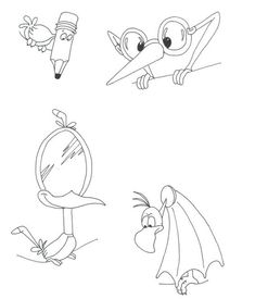 three cartoon characters with different expressions on the same page, one in black and white