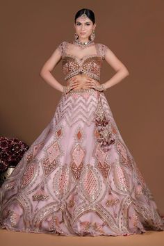 Pale pink flared organza lehenga with chevron gota and zari embroidery and fleur resham thread embroidered highlights. Paired with a flattering Queen Anne neck blouse with prism gota embellished, floral resham embroidery and a spluttered mukaish embellished organza dupatta. - Aza Fashions Zari Lehenga, Raw Silk Embroidery, Resham Embroidery, Organza Lehenga, Zari Embroidery, Organza Dupatta, Silk Embroidery, Pink Blouse, Queen Anne