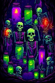 a group of skeletons sitting in front of some bottles with glowing lights on them and one skeleton