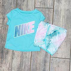 Nwt Bin Pe Nike Blue Tops For Playwear, Playful Nike Tops For Playtime, Sporty Blue Sets For Playtime, Playful Blue Nike Tops, Girls Nike Shirts, Playful Nike Playwear Sets, Nike Blue Playtime Sets, Nike Cotton Playtime Sets, Baby Girl Nike Sets