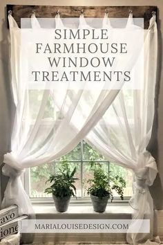 a window with white sheer curtains and potted plants on the windowsill in front of it