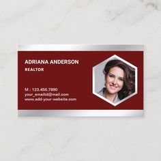 a red and silver business card with a woman's face in the center on it