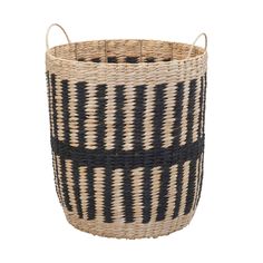 a black and white basket with handles