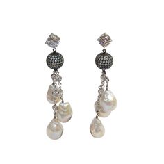 CZ Sterling Baroque Pearl Drops Triple Strand Tassel Silver Dangle Earrings Fabulous Sterling Silver Drop Earrings with glittering CZs, suspending cascading multi strands of large Cultured Freshwater Baroque Pearls on Black Rhodium CZ chains from a CZ stud and Black Rhodium encrusted Disco Ball; approx. 3” long. For the fashionably fearless, providing a rare blend of elegance and edge! Drop Earrings Silver, Ball Earrings, Sterling Silver Drop Earrings, Silver Dangle Earrings, Cubic Zirconia Earrings, Zirconia Earrings, Silver Drop Earrings, Disco Ball, Silver Earrings Dangle