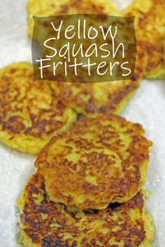 yellow squash fritters are stacked on top of each other with the words, yellow squash fritters