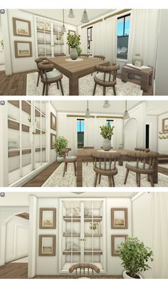 three different views of a dining room and living room in one image, the other is empty