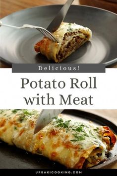 a plate that has some food on it and the words delicious potato roll with meat