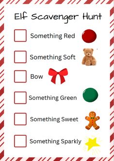 an elf scavenger hunt with teddy bear and candy canes on the side