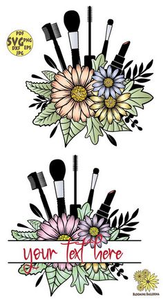 two images of makeup brushes and flowers