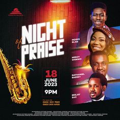 the poster for night of praise featuring two men and a woman, one with a saxophone