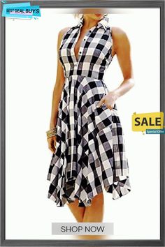 Women Black White Plaid Checks Dress Sleeveless Irregular Pleated Shirt Dress S Vintage Dresses Casual, Flare Shirt, Pleated Shirt Dress, Robes Vintage, Gaun Fashion, Chic Shirts, Pleated Shirt, High Street Fashion, Plaid Dress Shirt