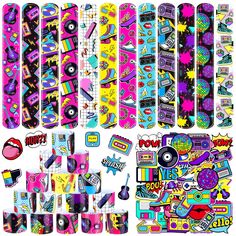 PRICES MAY VARY. What You Will Receive: the package contains 36 pieces of 80s 90s slap bracelets in 12 different designs, 3 pieces for each design, with 50 pieces of 80s and 90s themed stickers, enough to meet your needs on different occasions Retro Theme Design: these 80s 90s party favors slap bracelets are printed with a lot of retro patterns on the surface, such as disco balls, skateboarding shoes, tape recorders, guitars, records and so on, ideal for children's retro parties Proper Size to W Throwback Theme Party, 1990s Birthday Party Theme, 90s Party Favors, 80s 90s Party, 90s Party Decorations, 80s Party Decorations, Retro Stickers, 90s Theme Party, 80s Theme Party