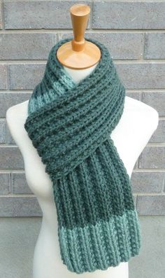 "This beautiful hand knitted scarf is made with chunky weight Wool Blend Yarn (80% Acrylic, 20% Wool). The scarf can be worn in multiple ways. Very beautiful colors. The colors may appear slightly different on different monitors. Measures: 71\" (180 cm) long x 7\" (17-18 cm) wide. From a smoke-free home. Care instructions: Hand wash in cool water and dry flat." Cheap Trendy Green Scarves, Dark Green Scarf Crochet, Hand Knitted Scarf, Bulky Knit, Brioche Stitch, Hand Knit Scarf, Green Wool, Grey Green, Wool Scarf