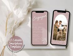 two iphones with wedding photos on them next to some white flowers and a paper