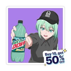 an anime character holding up a bottle of soda with the caption buy 10 get 50 % off