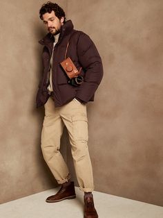 Saw this on Banana Republic: Winter Wear Men Cold Weather, Brown Blue Outfit Men, Mens Winter Jackets Cold Weather, Mens Winter Outfits Casual Cold Weather, Best Winter Outfits Men, Outfits Caballero, Black Puffer Jacket Outfit, Rain Clothes