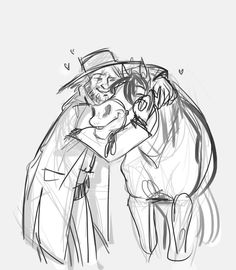 a drawing of two people hugging in front of a horse with hearts on its tail