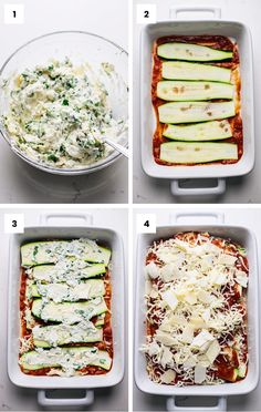 four images showing the steps to make zucchini lasagna casserole