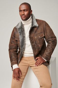 We know you love your jean jacket. That's why we created the Gabriel, inspired by that iconic shape, but interpreted in rich, warm shearling sheepskin, guaranteed to keep out the freezing temperatures all day long, while wicking away moisture that might make you feel uncomfortable. With classic details like button-front closures, contrast stitching, and four outer pockets, this good buddy is up for adventure, any time day or night. Fall Clothing Men, Biker Clothes, Money Aesthetics, Jean Jacket Styles, Artist Ideas, Cold Weather Jackets, Futuristic Armour, Best Leather Jackets, Discover Your Style