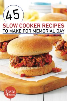 the cover of 45 slow cooker recipes to make for memorial day