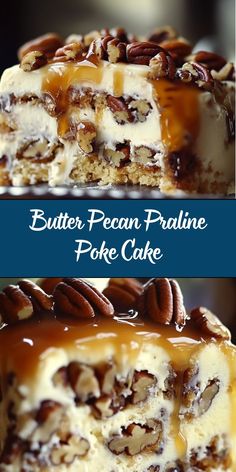 two pictures of a piece of cake with pecan pralie frosting on top