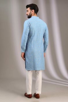 Blue kurta with zari thread embroidered lotus patterns. Comes with pant. - Aza Fashions Blue Kurta, Men Kurta, Kurta With Pants, Embroidered Silk, Mandarin Collar, Aza Fashion, Mens Pants, Lotus, Thread