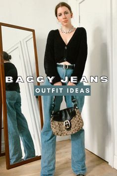 baggy jeans outfit ideas | baggy jeans aesthetic outfit ideas with 90's cardigan and y2k bag 90’s Loose Jeans Outfit, Cool Baggy Outfits For Women, Dressy Baggy Jeans Outfit, How To Style 90s Baggy Jeans, High Waisted Baggy Jeans Outfit Winter, Baggy Straight Jeans Outfit, How To Dress Up Baggy Jeans, Midsize Baggy Jeans Outfit, Baggy Straight Leg Jeans Outfits