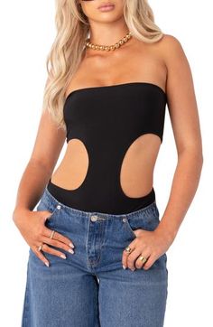 Curvy cutouts sweep into the back of this shoulder-baring bodysuit that creates an hourglass silhouette. Strapless Sleeveless 95% polyester, 5% spandex Machine wash, dry flat Imported Summer Bandeau Bodysuit With Built-in Bra, Strapless Summer Bodysuit For Night Out, Strapless Bodysuit For Summer Night Out, Strapless Bodysuit For Night Out In Summer, Strapless Bodysuit For Night Out, Black Bandeau Bodysuit For Summer, Black Bandeau Bodysuit For Night Out, Chic Bandeau Bodysuit For Night Out, One-piece Bodysuit With Built-in Bra For Night Out