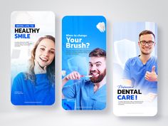 three vertical business cards with dental care advertisment on them, each featuring a smiling man and woman brushing their teeth