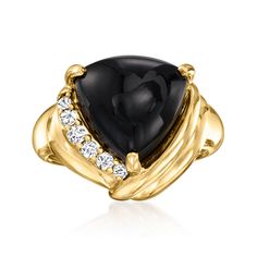 Ross-Simons - Onyx and .15 ct. t. w. Diamond Ring in 18kt Gold Over Sterling. Size 7. Bold beauty! Our statement ring features a dramatic 12x12mm triangular onyx cabochon that sits atop a cool sashed design of 18kt yellow gold over sterling silver with .15 ct. t. w. round brilliant-cut diamonds. 5/8" wide. Diamond and onyx ring. Trillion Cut Diamond Ring With Gemstone For Formal Occasions, Formal Trillion Cut Diamond Ring With Gemstone, Evening Rings With Diamond Accents In 14k Gold, Evening 14k Gold Rings With Diamond Accents, Trillion Cut Rings With Diamond Accents For Formal Occasions, Evening Vvs Clarity Diamond Ring In Fine Jewelry Style, Fine Jewelry Diamond Ring With Vvs Clarity For Evening, Formal Rings With Trillion Cut Center Stone, Evening Diamond Ring With Vvs Clarity