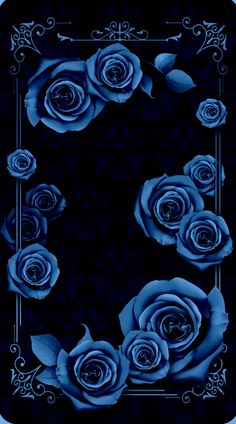 blue roses are arranged in the shape of a square frame on a black background with swirls and scrolls