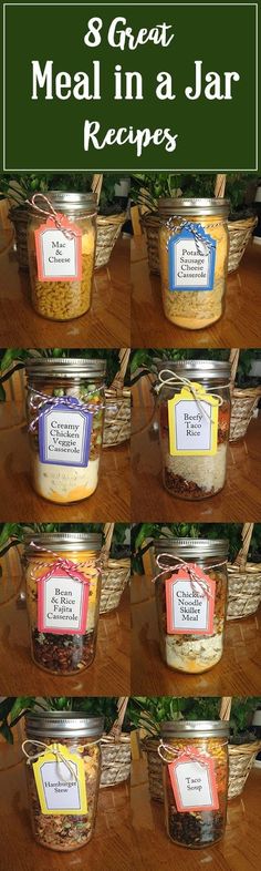 several jars filled with food sitting on top of a wooden table next to each other